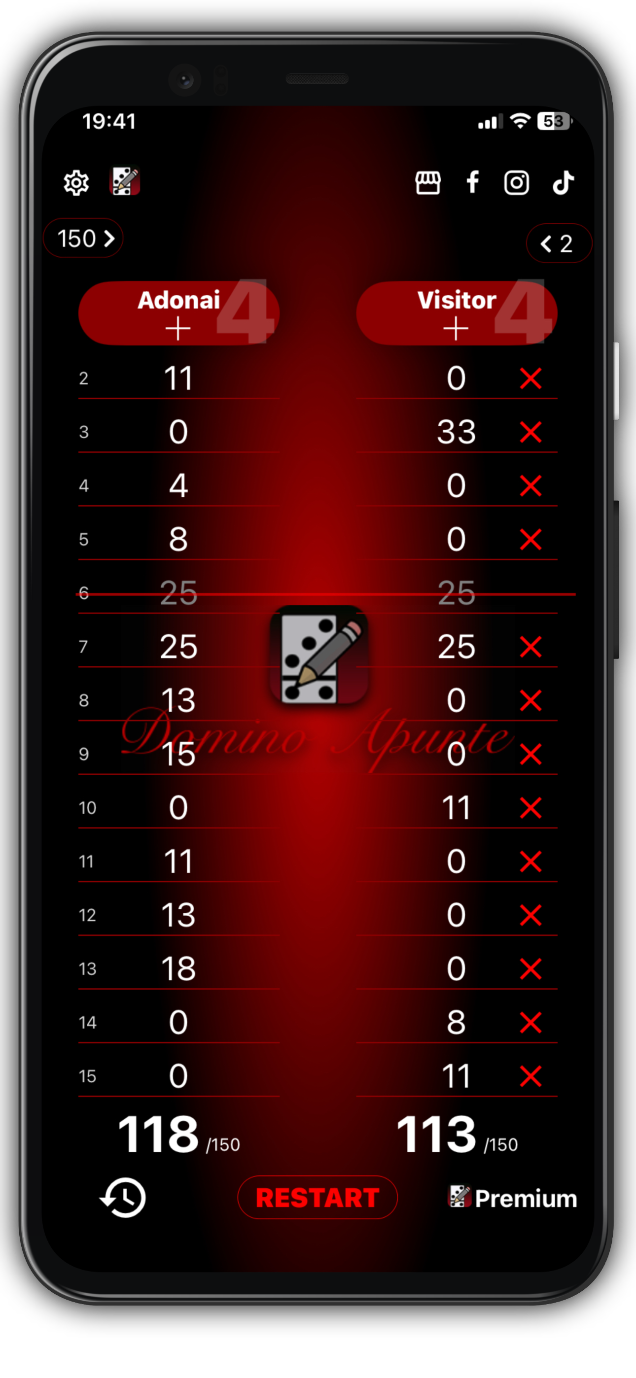 Domino Apunte app interface showing player score in android