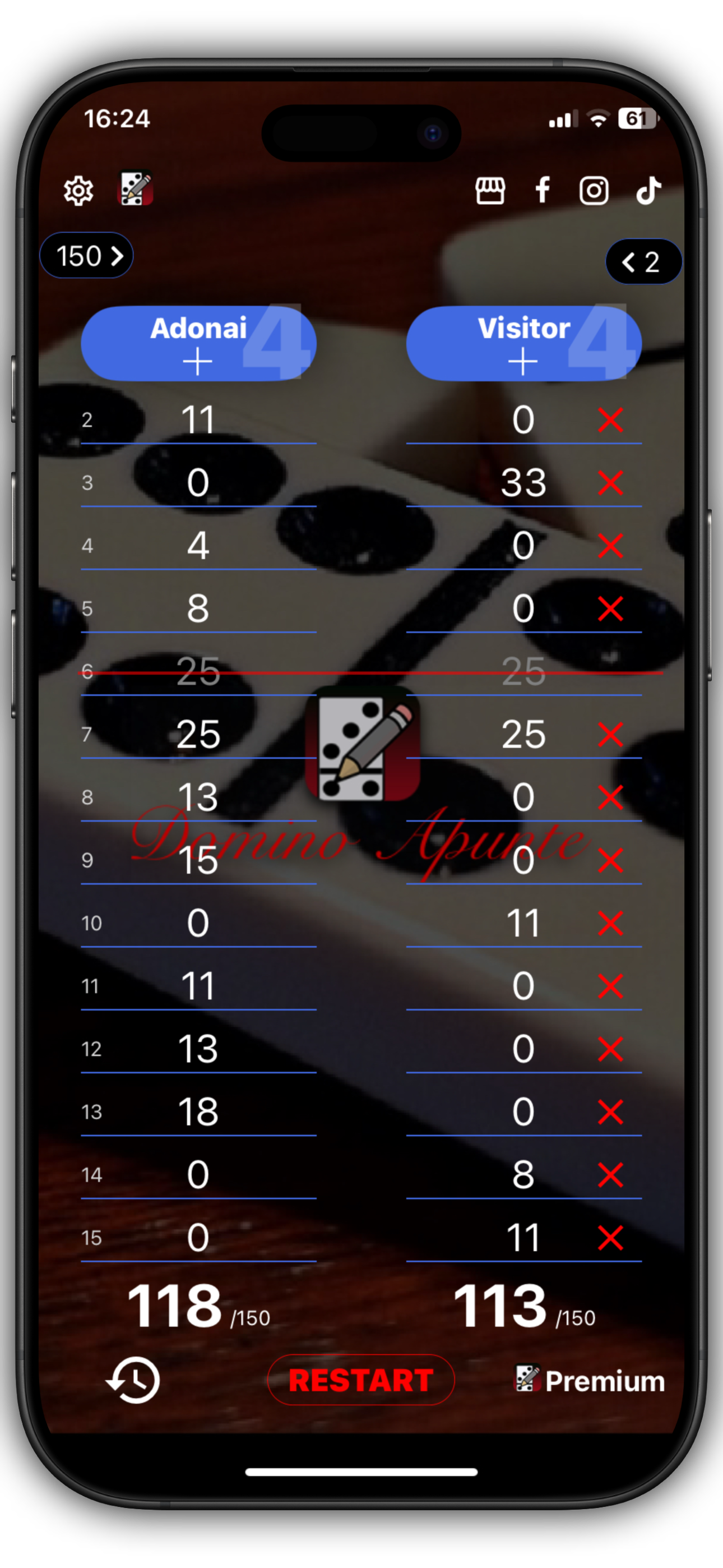 Domino Apunte app interface showing player score in iOS